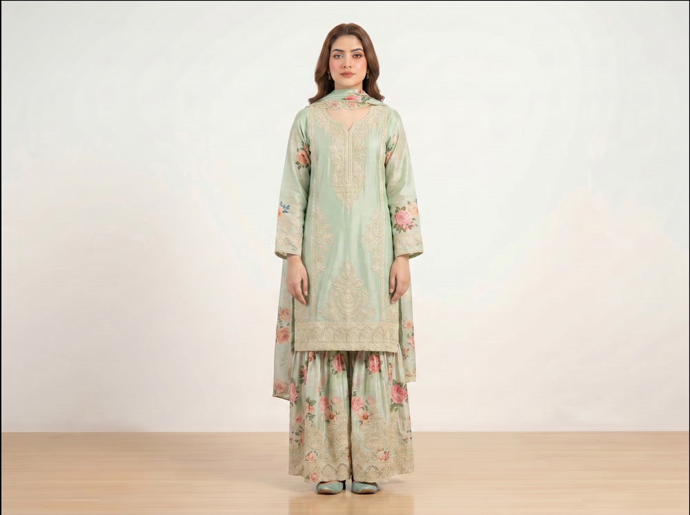 3 Piece pale green Kurti for Women